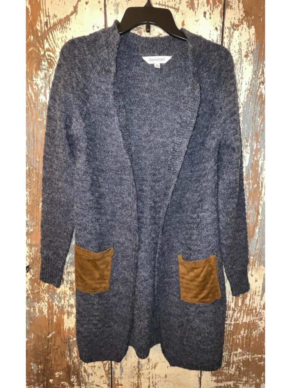 Davi and Dani Long cardigan, gray blue seude pockets, s/m